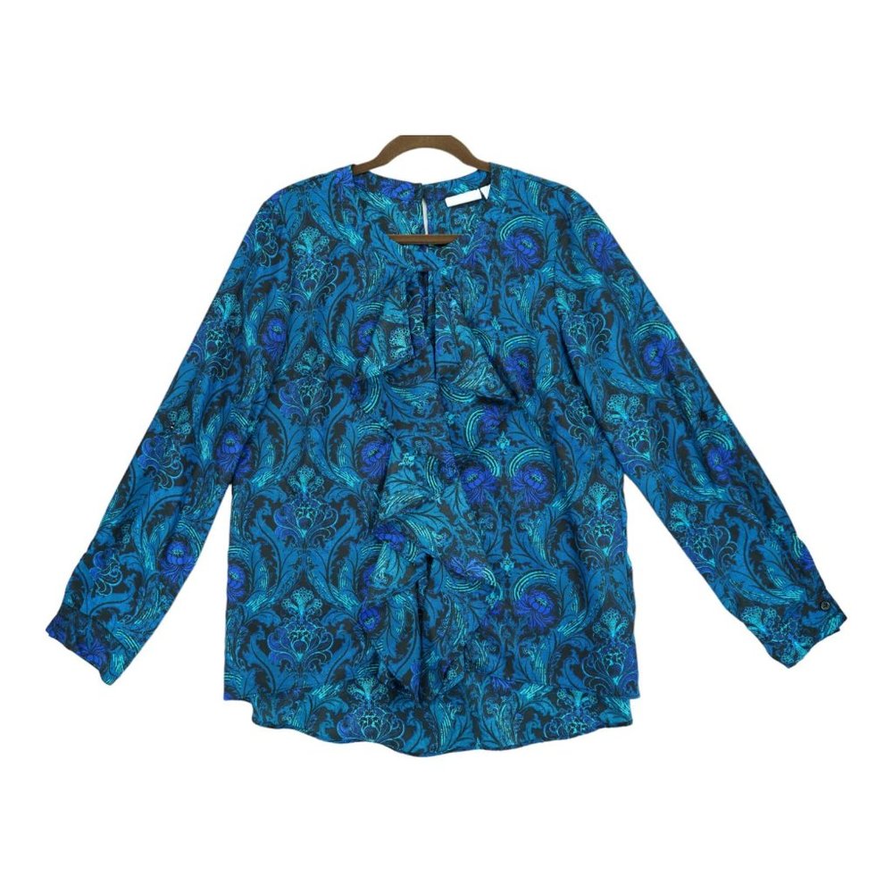 New York & Company Blouse Ruffle Neck Black Teal Floral Print Sz L High Neck